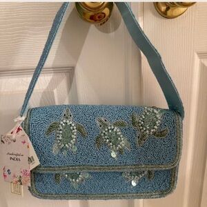 Beaded Sea Turtle Shoulder Bag - Light Blue